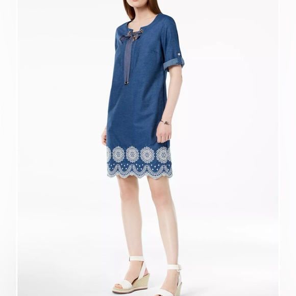 Tommy Hilfiger Dresses & Skirts - Tommy Hilfiger Women’s Cotton Denim Embroidered-Hem Shift Dress Size 4